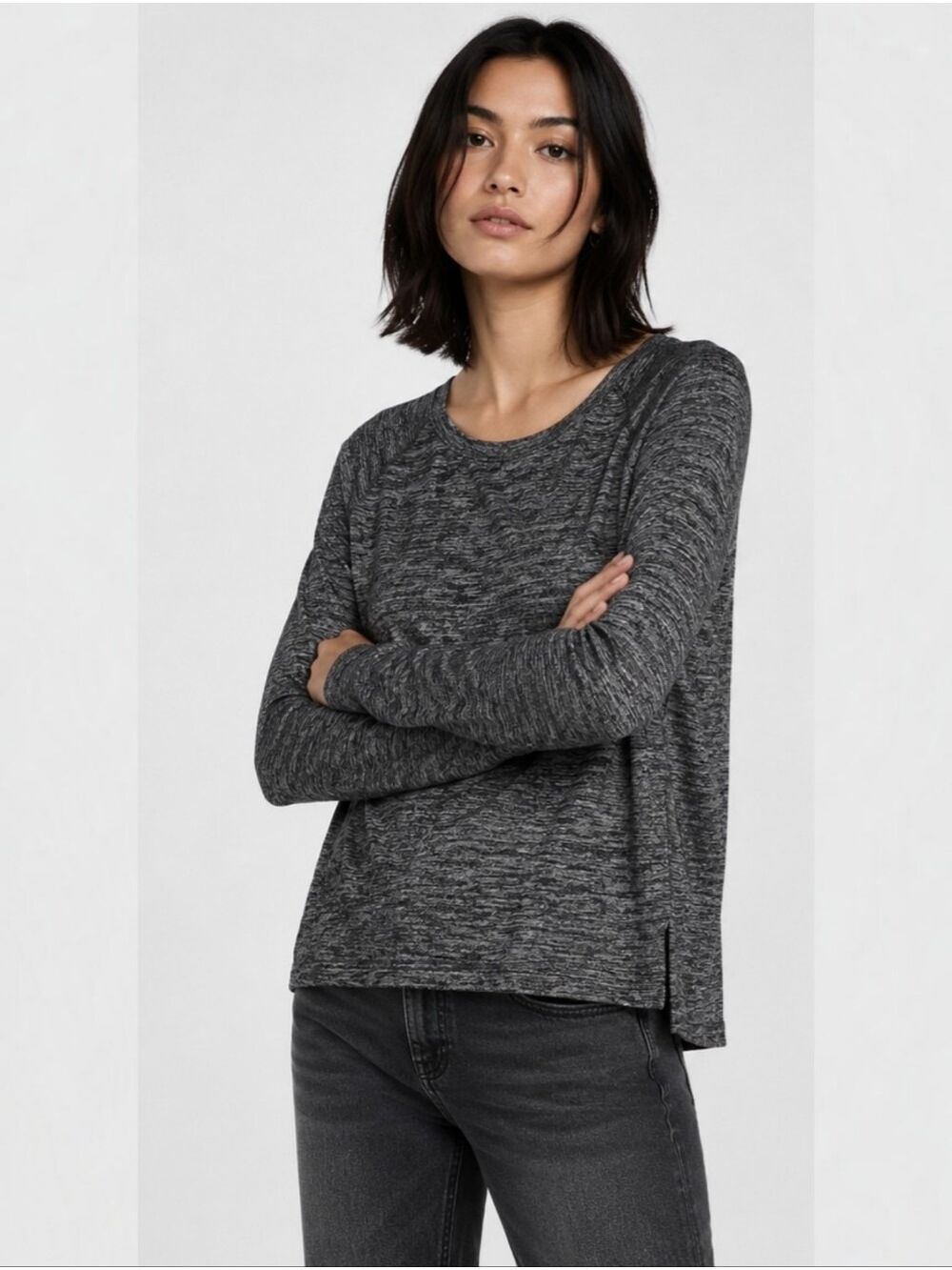 Rag & Bone Camden Marled Black Gray Raglan Sleeve Tee High Low Hem Size Small